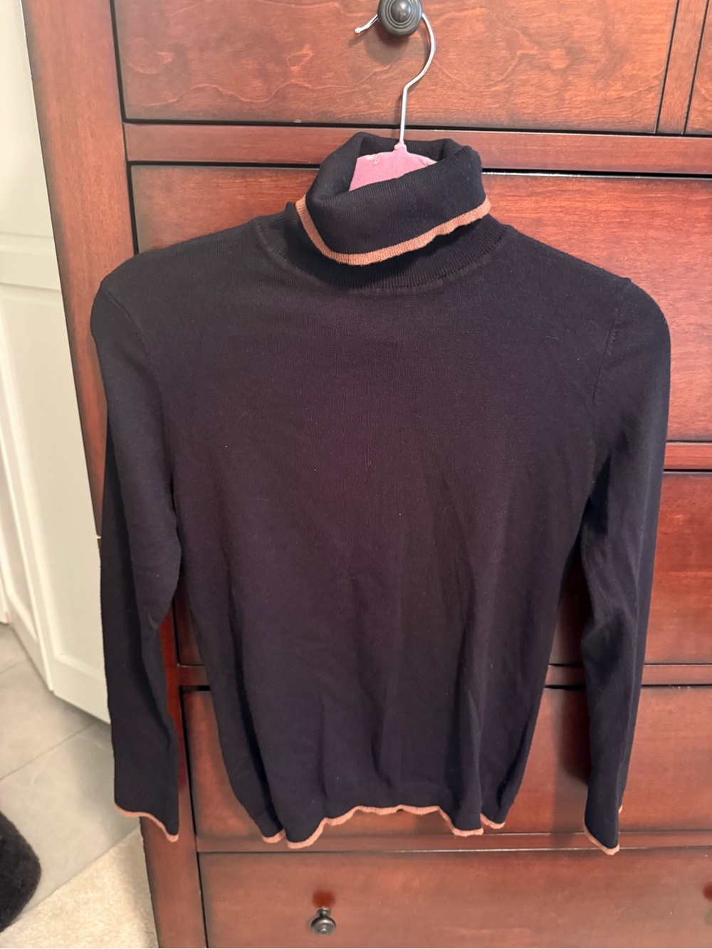 Max Studio Black Turtleneck Sweater with Tan Trim